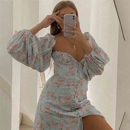 Off The Shoulder Floral Print Long Dress Robe for Women Vintage Blue Beach Holiday Hoho Maxi Slit Dress Flower French Dress 210415