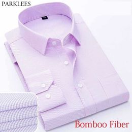 Light Purple Bamboo Fibre Mens Dress Shirts Brand Slim Fit Long Sleeve Shirt Men Easy Care Formal Business Top Shirt Male 210522