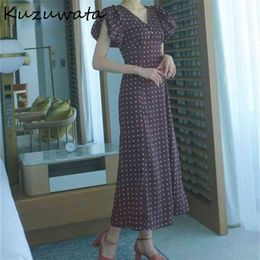 Kuzuwata V Neck Puff Short Sleeve Dress Women High Waist Hip A Line Long Vestidos Summer Print Robe Open Back Sexy 210730