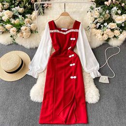 Spring Long Sleeve Dress Colour Match Square Collar Full French Style Elegant Ladies Split Midi Work Party 210603