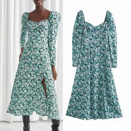 Elegant Green Floral Dress Women Black Print Midi Woman Pleated Long Sleeve Vintage Elastic Party Ladies es 210430