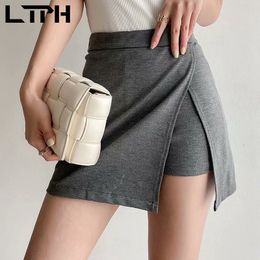 one-piece gray Package Hip skirt women vintage Casual all-match High Waist irregular split Mini Skirts summer 210427