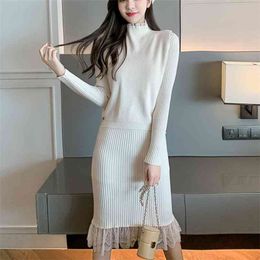 High Quality Autumn Winter Warm Sweater Dress Suits Casual 2 Piece Set Women Crop Top + Lace Patchwork Long Sleeve Knitted 210514