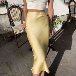 Hirsionsan Satin High Waist Skirt Soft Smooth Silk Office Lady Basic Midi Chic Elegant Glossy Long 210621