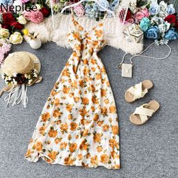 Neploe Retro Flower Print Dress Women Fashion V Neck Sleeveless Camis Vestidos Summer Elegant Slim Waist Female Dresses 210423