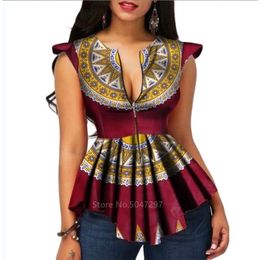 Fashion Ladies Clothes African V-neck Top Dashiki Print Plus Size T Shirt Traditional Clothing African Dresses for Women 210408