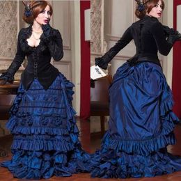 Royal Blue And Black Gothic Victorian Bustle Wedding Dress 2022 Taffeta Long Sleeves Bridal Gowns Mascarade robe de mariee Plus Lace-Up Corset Vintage Bride Dresses