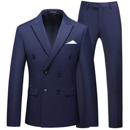 Men's Casual Boutique Business Double Breasted Suit Coat 2 Piece Set / Male Solid Color Slim Fit Blazers Jacket Pants Trousers X0909