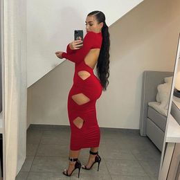 Women Sexy Midi Dress Turtleneck Backless Long Sleeve Rhombic Hollow Out Bodycon Dresses Winter Party Y2K Clothes 210517