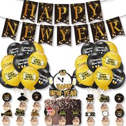 Disposable Dinnerware 2022 Happy Year Decoration Gold Black Banner Christmas Decorations Navidad Year's Festival Party Supplies