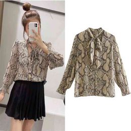 Top Women Animal Print Shirt Woman V-neck Bow Tied Long Sleeve Elastic Ruffled Cuffs Vintage Casual Loose Laddies Blouse 210519