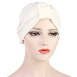 New Solid Colour Striped Fabric Turban Bonnet Soft Stretch India Hat Head Scarf Muslim Strench Headdress Hijab Caps