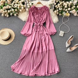 SINGREINY Design Three-dimensional Petal Dress Women Sweet Puff Sleeve V Neck Sashes Dress Spring Fashion Streetwear Long Dress 210419