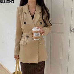 Women Korea Elegant Loose OL Style Blazers Jackets With Belt Long Sleeve Double-breasted Suits Colthing Mujer Outwear 210514