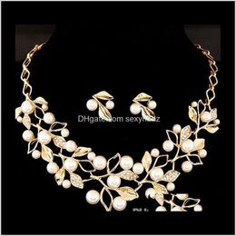Sier Gold Colour Crystal Bridal Sets Leaf Shape Choker Necklace Earrings Wedding Jewellery For Women Engagement Pearl Dkwjb Bfapc