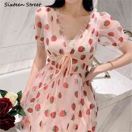 Strawberry Dress Woman Summer Lantern Sleeve V-neck Pink Mesh Vestido Clothing Elegant Party Dresses Female 210603