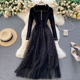 Neploe Elegant Lace Patchwork Mesh Dress Women High Waist Hip A Line Vestidos Knit Dresses Pullover Long Sleeve Robe Femme 94589 210422