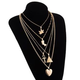 vintage gold leaf necklace Australia - Chains Multilayer Leaf Cross Heart Pendant Necklace For Women Vintage Gold Color Ladies Charm Punk Choker Jewelry