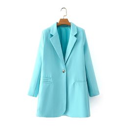 elegant women blue blazer office ladies pocket jackets casual female single button suits slim girls chic sets 210430
