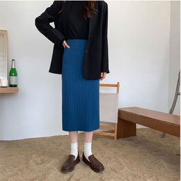 Stylish Vintage Sweet Winter Brief Elastic Waist Women High Quality Casual Slim Knitted Split Skirts 210421