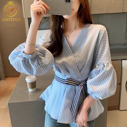 Spring Lantern Sleeve Blouse Women Sexy V-Neck Tie Up Office Work Shirts Stripe Vintage Tops 210520