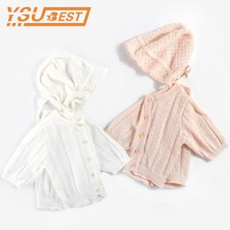 Spring Autumn Sweater Coat Long Sleeves Knit Openwork Jacket With Hat Knitted born Baby Girls Knitwear Jackets 210429