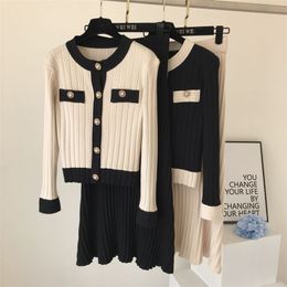 High Quality Spring Fall Knit 2 Piece Set Women Office Lady Single Breasted Sweater Cardigan + Pleated Long Skirt Suit Sets 211109