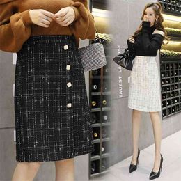 Tweed plaid skirts womens spring autumn high waist Button elegant office work midi skirt saia jupe falda 210520
