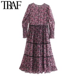 TRAF Women Chic Fashion Floral Print Velvet Patchwork Midi Dress Vintage Long Sleeve With Lining Female Dresses Mujer 210415
