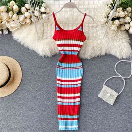 Ins Elegant Knitted Dress Women V Neck Sleeveless High Waist Striped Mini Package Hip Vestidos L415 210527