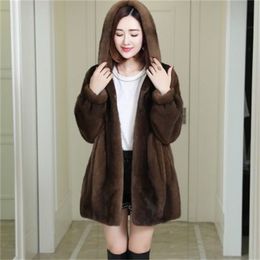 Autumn Winter Imitation Mink Velvet Overcoat Women Thick Warm Outwear Hooded Mid Length Faux Fur Coat Female Parka D369 210925