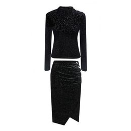 Women Black Stand Collar Long Sleeve Pullover Top Midi Pencil Skirt Two Piece Set Elegant Spring Button Sheath T0124 210514