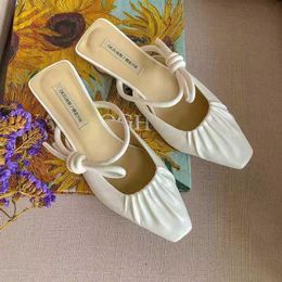 Slippers Elegant Pleated Bow-knot Modern Women Sandals Summer Shoes Flipflops Cover Toe Slides Square High Heels Mules Femme