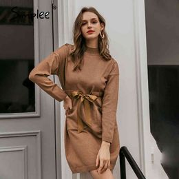 Elegant solid long sleeve kahki knitted Women lace up pockets Casual autumn winter warm sweater dress ladies 210414