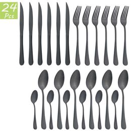 6 People Matte Black Cutlery Set Stainless Steel Dinnerware Steak Knives Forks Spoon Dinner Flatware Party Kitchen Tableware 210928