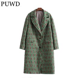 PUWD Vintage Women Loose Button V Neck Coat Autumn Fashion Ladies Green Pockets Casual Long Jackets Female Chic Outwear 211130