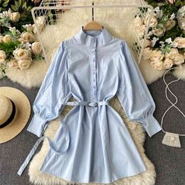 Spring Summer Puff Long Sleeve Shirt Dress for Women Fashion Solid Stand Collar Single Breasted A-line Casual Short 210603