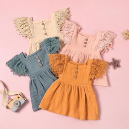Baby Girls Dresses Kids Lace Sleeve Solid Soft Cotton Linen Dress Summer Fashion Toddler Infants Girl Clothing