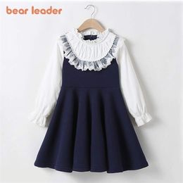 Bear Leader School Girls Clothing Dress Baby Casual Kids Patchwork Fall Clothes Children Long Sleeve Blue White 211231