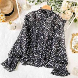 Spring Autumn Women's shirt Korean Floral Stand Collar Chiffon Top Style Pleated Long Sleeve Slim Blouses LL141 210506