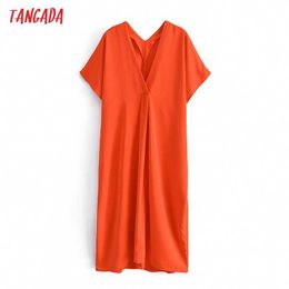 Tangada Summer Women Orange Oversized Robe Dress V Neck Short Sleeve Ladies Midi Dress Vestidos 3W90 210609