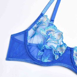 NXY sexy setAduloty Women's Underwear Sexy And Beautiful Bright Cut-Out Blue Embroidered Flower Net Gauze Garter Erotic Lingerie Four Piece 1127