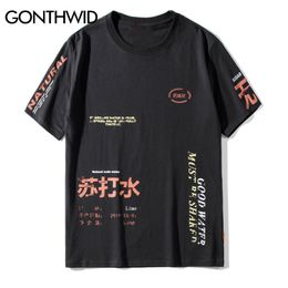 GONTHWID Soda Water Ripped Printed T Shirts Streetwear 2020 Hip Hop Chinese Character Casual Short Sleeve Tops Tees Men Tshirts Y0322