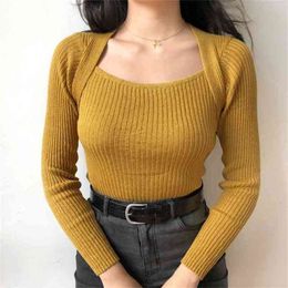 Women Square Neck Ribbed Jumper Casual Long Sleeve Rib Knit Top Sweater 210512