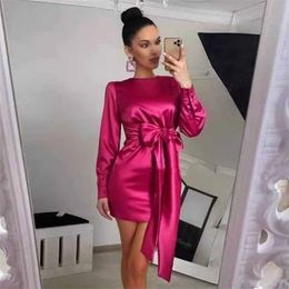 Christmas Women Summer Fashion Rose Red Round Neck Tight Long Sleeve Bow Sexy Party Mini Dress Vestidos 210525