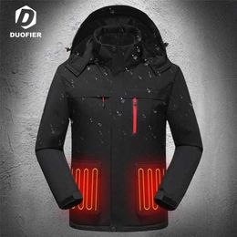 Outdoor Coat Men Heated Jackets USB Electric Battery Long Sleeves Heating Hooded Jacket Warm Winter Thermal Clothing Rainproof 211217