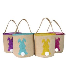 NEWEaster Bucket Easter Bunny Buckets Jute Round Bottom Sequins Rabbit Ear Basket Easter Rabbit Tail Handbags Kids Candy Egg Gift Bag RRA990