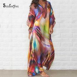 Plus size Boho Beach Maxi DrWomen Beachwear Sarong V neck Bikini Long DrBeach Tunic Robe de Plage 2021 Summer Dress X0621