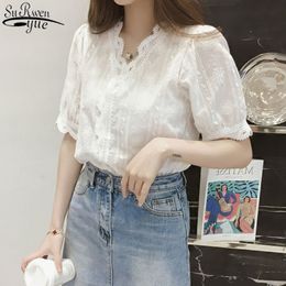 Summer Short Sleeve Lace Shirt Fashion V Neck Hollow Women's Blouse Plus Size Sweet Embroidery Slim White Tops 13487 210427