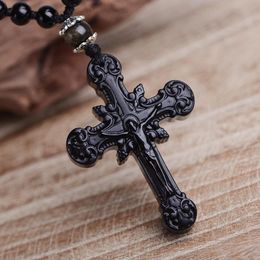 Pendant Necklaces Product Natural Obsidian Cross Pendant, Jesus Necklace For Men And Women